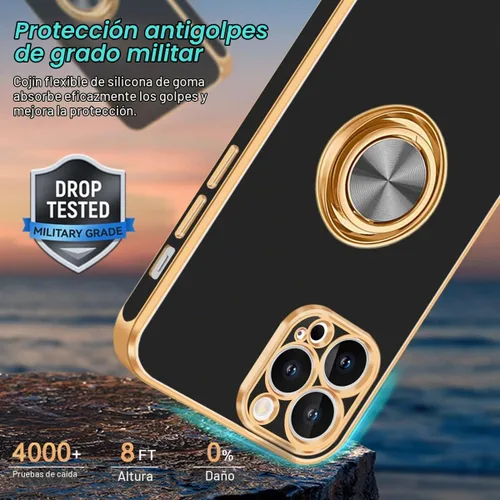 Vista 3 de Fingic Funda para iPhone 13 Pro Max, soporte giratorio de 360°, soporte de Negro/Dorado