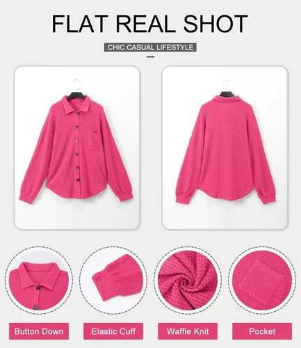 Vista 5 de DARKRANI Chaqueta de punto gofre para mujer, manga larga, casual, con botones, blusas elegantes