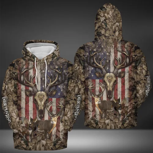 Vista 3 de SN39 - Sudadera con capucha de la bandera americana de ciervos cazadores de ciervos 3D negro