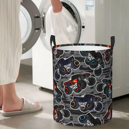 Vista 7 de Monster Truck - Cesta redonda para ropa sucia, para niños, cesta de almacenamiento para juguetes, organizador de ropa, para el hogar, baño