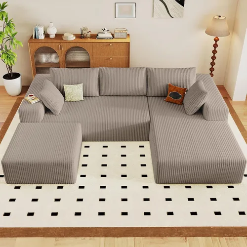 Vista 33 de Sofá modular Cloud de 95 pulgadas con otomana, moderno sofá nube en forma de U con asiento profundo, cómodo sofá de pana de 3 plazas, sofá de espuma