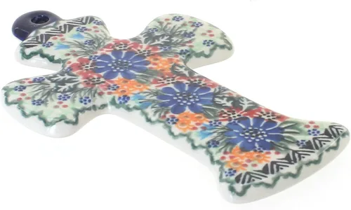Vista 11 de Cerámica polaca de rosa azul - Cruz de Alyssa amarilla - 7" x 4.5" - Cruz de pared de cerámica polaca pintada a mano