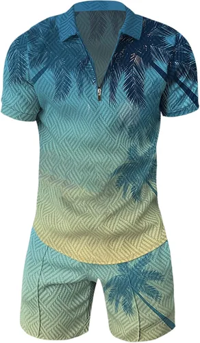 Vista 3 de Conjunto deportivo de 2 piezas para hombre, camiseta polo y pantalón corto, con cremallera de un cuarto, casual, elegante, grande y alto