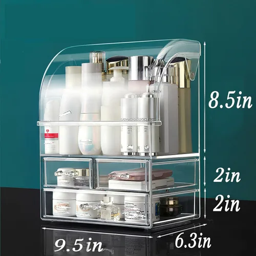 Vista 2 de Organizador de maquillaje acrílico grande transparente con tapa, cajones de almacenamiento de cosméticos, organizadores de maquillaje portátiles