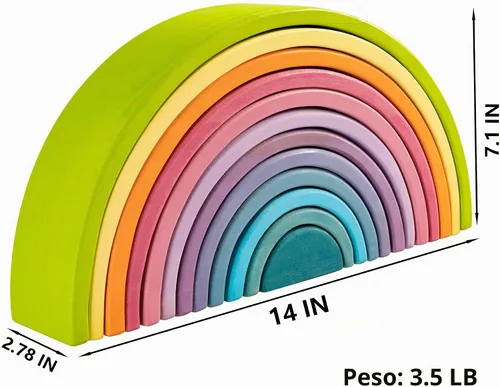 Vista 2 de Juguete apilable de madera de arco iris, apilador de 12 piezas, bloques de construcción de rompecabezas de anidación extragrandes, juguetes