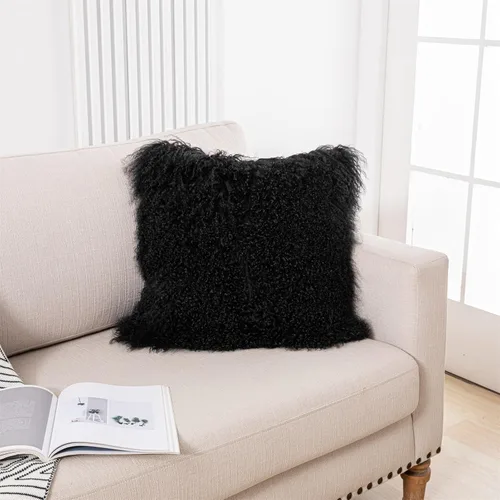 Vista 6 de Funda de almohada de piel de cordero mongol negra lujosa, funda de cojín de piel de oveja suave de felpa, funda de almohada de piel suave, funda