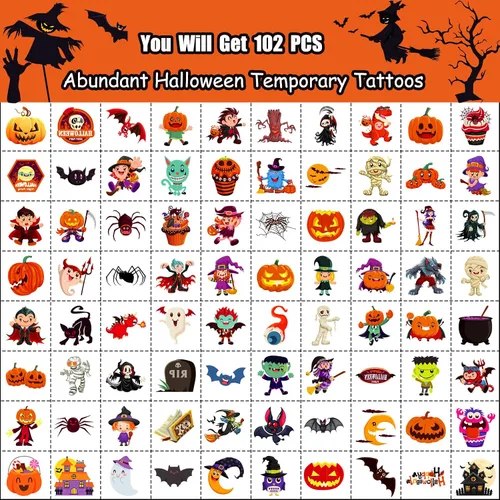 Vista 3 de Smilinfit Tatuajes temporales de Halloween para niños, recuerdos de fiesta de Halloween, hojas envueltas individualmente, suministros de decoración