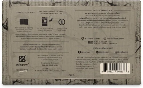 Vista 2 de Grab Green Stoneworks - Hojas compostables para secadora, aroma de rama de abedul, 80 unidades, suavizante de ropa a base de plantas y minerales que