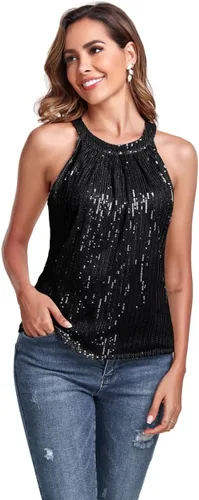 Vista 2 de Fenyong Camiseta sin mangas con cuello halter de lentejuelas para mujer, elegante, brillante, para fiesta, club, concierto, cóctel, camisola