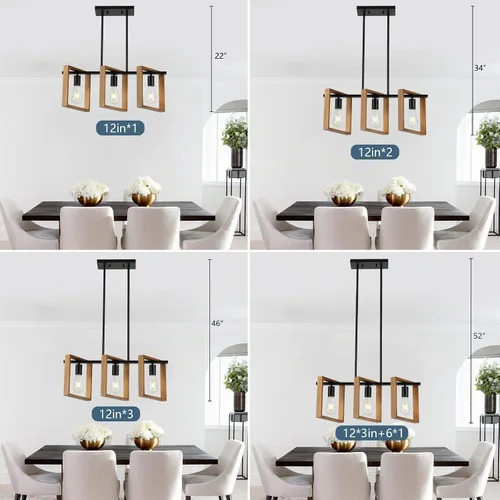 Vista 5 de 9MMML Lámpara de 3 luces para isla de cocina, lámpara de comedor negra, con marco de madera, para sala de estar, vestíbulo, entrada, pasillo, E26
