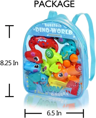 Vista 6 de Beestech Juguetes de dinosaurio de cuerda para niñas de 3, 4, 5, 6 años Suministros de fiesta de cumpleaños de dinosaurios, con mochila