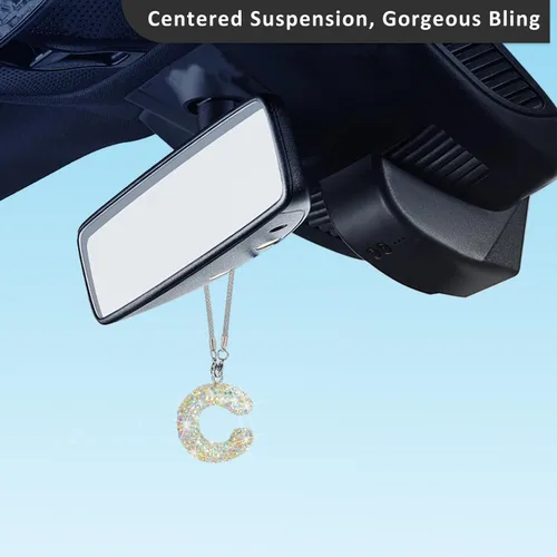 Vista 3 de Colgante de cristal brillante en forma de C, accesorios de automóvil para mujer, accesorios de espejo retrovisor con diamantes de imitación