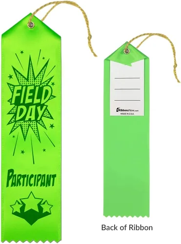 Vista 2 de RibbonsNow Cintas para participantes del día de campo escolar - 100 cintas verdes con tarjeta y cuerda