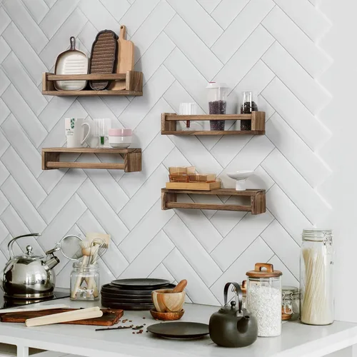 Vista 2 de Juego de 4 estantes flotantes de madera para habitación de niños, estante de libros para guardería, estante de especias de cocina (carbonizado)