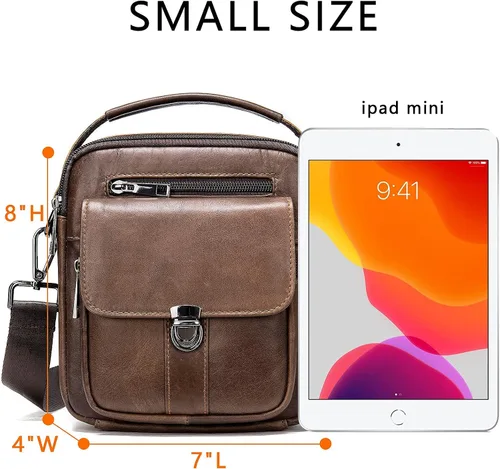 Vista 6 de Monederos y bolsos para hombre, pequeño, mini bolso de hombro de cuero genuino para hombres con muchos bolsillos con cremallera