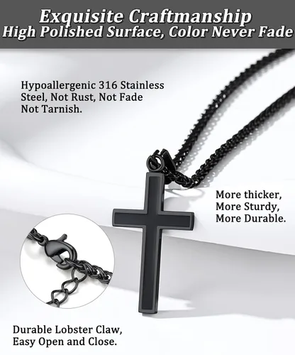 Vista 7 de Bestyle Collar de cruz simple para hombre, cadena de acero inoxidablenegrooro para hombres con colgante de cruz, regalos de bautismo religioso