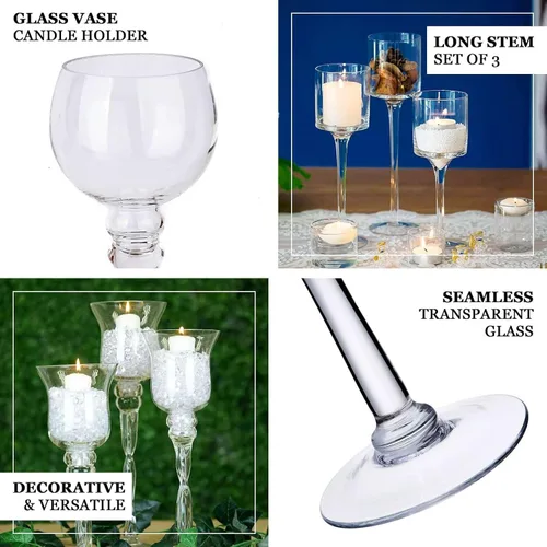Vista 4 de Efavormart - Juego de 3 portavelas de mesa cilíndricos de cristal de tallo largo transparente