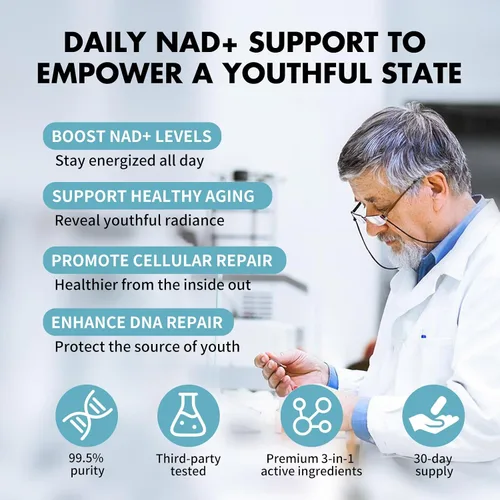 Vista 5 de NAD Suplemento para hombres, alternativa liposomal NAD+ NMN apoya la salud celular, ralentiza el envejecimiento, ayuda a concentrarse y promueve