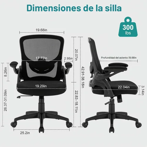 Vista 2 de Silla de oficina, silla de escritorio ergonómica con soporte lumbar ajustable, silla de computadora de malla transpirable con reposabrazos
