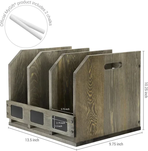 Vista 4 de MyGift Revistero de madera con 3 compartimentos y etiqueta de pizarra, organizador de archivos de escritorio, organizador de documentos de oficina