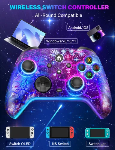 Vista 2 de Wireless Switch Pro Controller - Compatible with Nitendo SwitchOLEDLite, 1200mAh Rechargeable Switch Controllers with 8 Colors LED & Cool Nebula