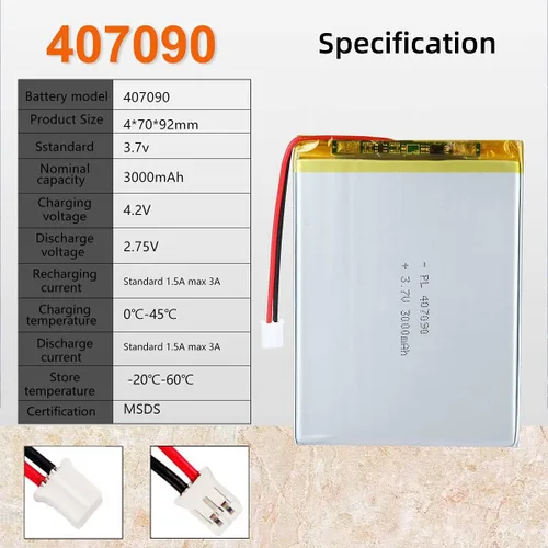 Vista 4 de 3.7V 3000mAh 407090 Batería Lipo Recargable de Polímero de Iones de Litio con Conector PH2.0mm JST