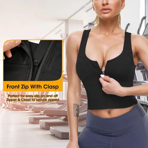 Vista 3 de Sujetadores deportivos con cremallera frontal para mujer, camisetas cortas de fitness para gimnasio, yoga, entrenamiento