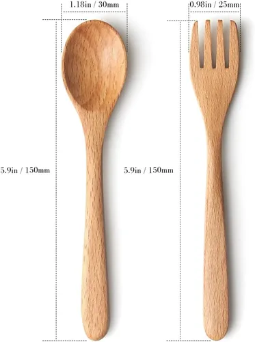 Vista 7 de YFWOOD 4 piezas de cubiertos seguros de madera natural para niños, 2 tenedores para niños, 2 cucharas para niños, juego de utensilios para niños