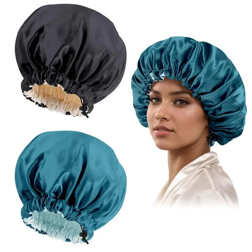 Vista 23 de Gorro de seda de satén para cabello rizado, gorro trenzado para dormir, para mujer, grande, doble capa ajustable (2 unidades, negro) Double Layer