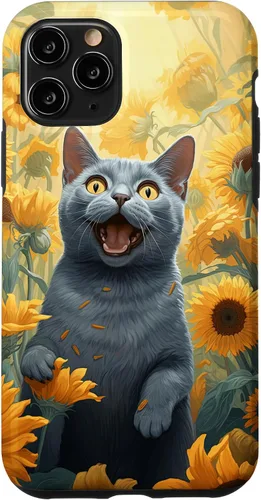 Vista 10 de iPhone 14 divertido gato ruso azul cara con girasol pintura caso