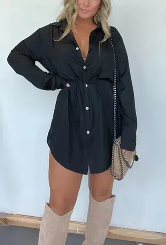Vista 7 de WEJDYKG Nuevo conjunto de vestido de satén de otoño, vestido de satén de manga larga para mujer, mini vestido camisero de manga larga