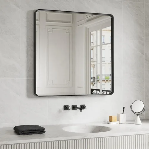 Vista 18 de JISOSO - Espejo de baño negro de 20x30 pulgadas con marco de metal negro, espejo de tocador rectangular redondeado con acabado mate para pared