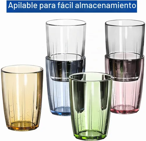 Vista 8 de ZEAYEA Juego de 6 vasos acrílicos para beber, vasos de agua irrompibles de 14 onzas, vasos de plástico reutilizables, vaso apilable para jugo