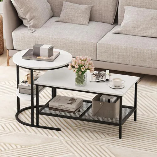 Vista 10 de Giantex Juego de 2 mesas auxiliares anidadas, mesa rectangular desmontable y mesa redonda con veta de madera, marco de metal dorado resistente, mesa