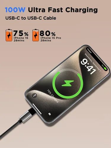 Vista 3 de Aioneus Cable USB C a USB C, masajeador de cuello de 4.5 pies, 100 W, cable de carga rápida con masajeador eléctrico de nailon tipo C a C, cable