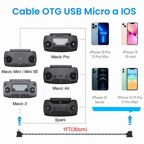 Vista 3 de DJI - Cable de control remoto USB micro a iOS de 1 pie de 90 grados para Mavic Mini, Mini SE, Pro, Spark, Air, datos de teléfono/tableta, accesorios