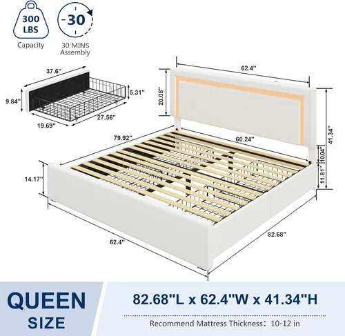 Vista 2 de Base de cama Queen con cabecera ajustable, plataforma tapizada con luces LED RGB, 4 cajones de almacenamiento y estación de carga (1 USB 1 tipo C)