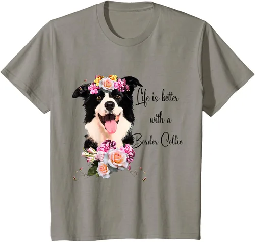 Vista 38 de Life is Better With a Border Collie - Camiseta de perro lindo con flores, gris, S Gris Oscuro