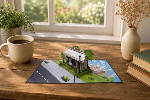 Vista 2 de ETA Tarjeta de felicitación desplegable 3D – escena de café y restaurante con comedor al aire libre, arte de papel hecho a mano, cumpleaños