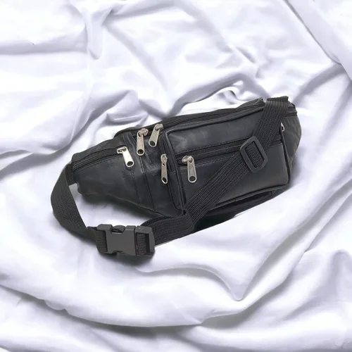 Vista 5 de Hombres Cuero Genuino Suave Extra Grande Calidad Viaje Cintura Bum Bag Bolsa Dinero Bolsa Negro