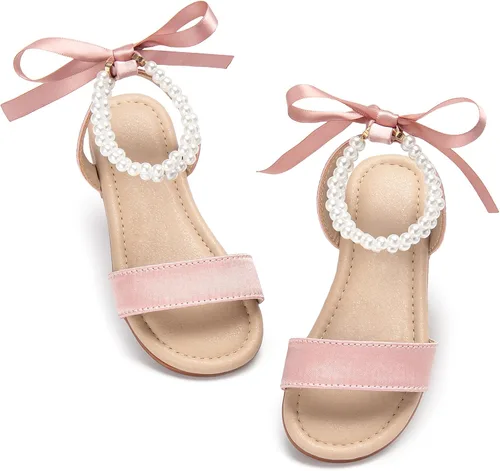 Vista 50 de Sandalias de verano para niñas con puntera abierta, sandalias planas de princesa con suela cómoda D742 Oro