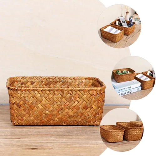 Vista 4 de Cestas de almacenamiento de pastos marinos para decoración del hogar, cesta rectangular de mimbre para almacenamiento de aperitivos, cestas tejidas