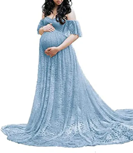 Vista 2 de Vestido de maternidad para mujer, con encaje, fotografía, vestido de embarazada, con volantes, largo, para sesión de fotos