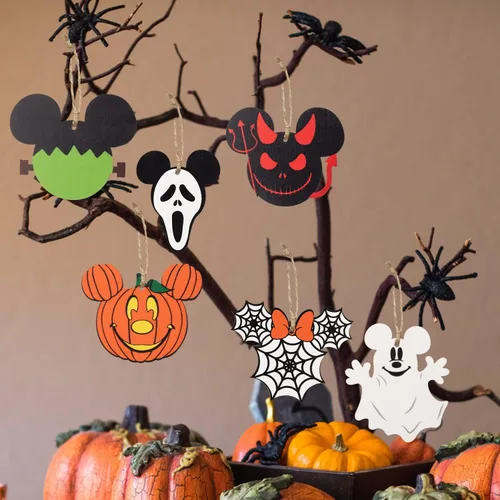Vista 6 de 46 piezas adornos colgantes de madera de ratón de Halloween, rebanadas de madera de ratón con cuerdas para fiesta de Halloween, adorno colgante