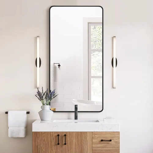 Vista 11 de LEDLUX Espejo de baño negro de 24 x 32 pulgadas, espejo sin cobre, marco de metal, espejo rectangular montado en la pared, espejo moderno