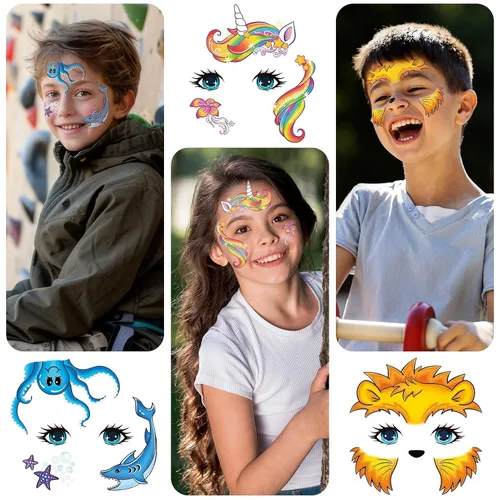 Vista 5 de EMOME Tatuajes faciales para niños, paquete de 24 hojas, tatuajes de pintura facial, maquillaje para niños y niñas, suministros de fiesta