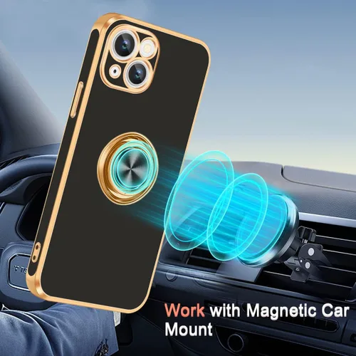 Vista 3 de Fingic - Funda para iPhone 13, soporte giratorio de 360°, soporte magnético Shiny Plating Gold Edge Slim Soft TPU Shockproof Protective Phone Case