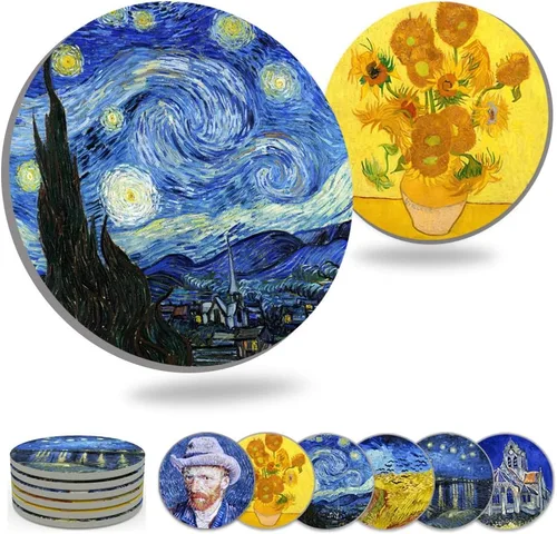 Vista 8 de Posavasos para bebidas Arte de Van Gogh Posavasos de cerámica - Utilice 2 famosas pinturas de Van Gogh, regalos únicos para casa nueva Decoración