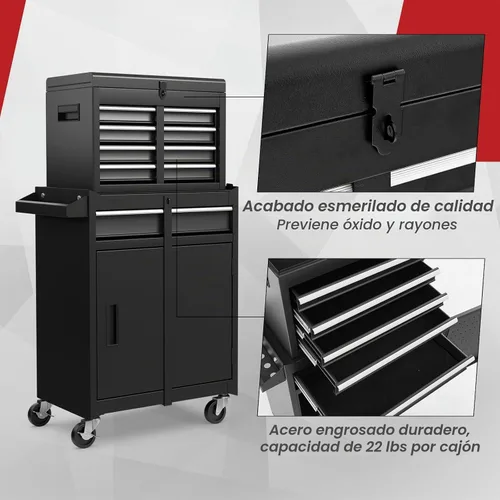 Vista 8 de ERGOMASTER Caja de Herramientas Resistente con Ruedas con Gabinete de 5 Cajones Bloqueables y Gabinete Extraíble para Garaje y Taller - Negro