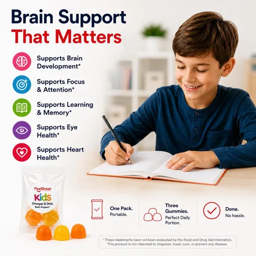 Vista 5 de Feel Great Vitamins Omega 3 for Kids DHA Gummies, 25 Daily Packs